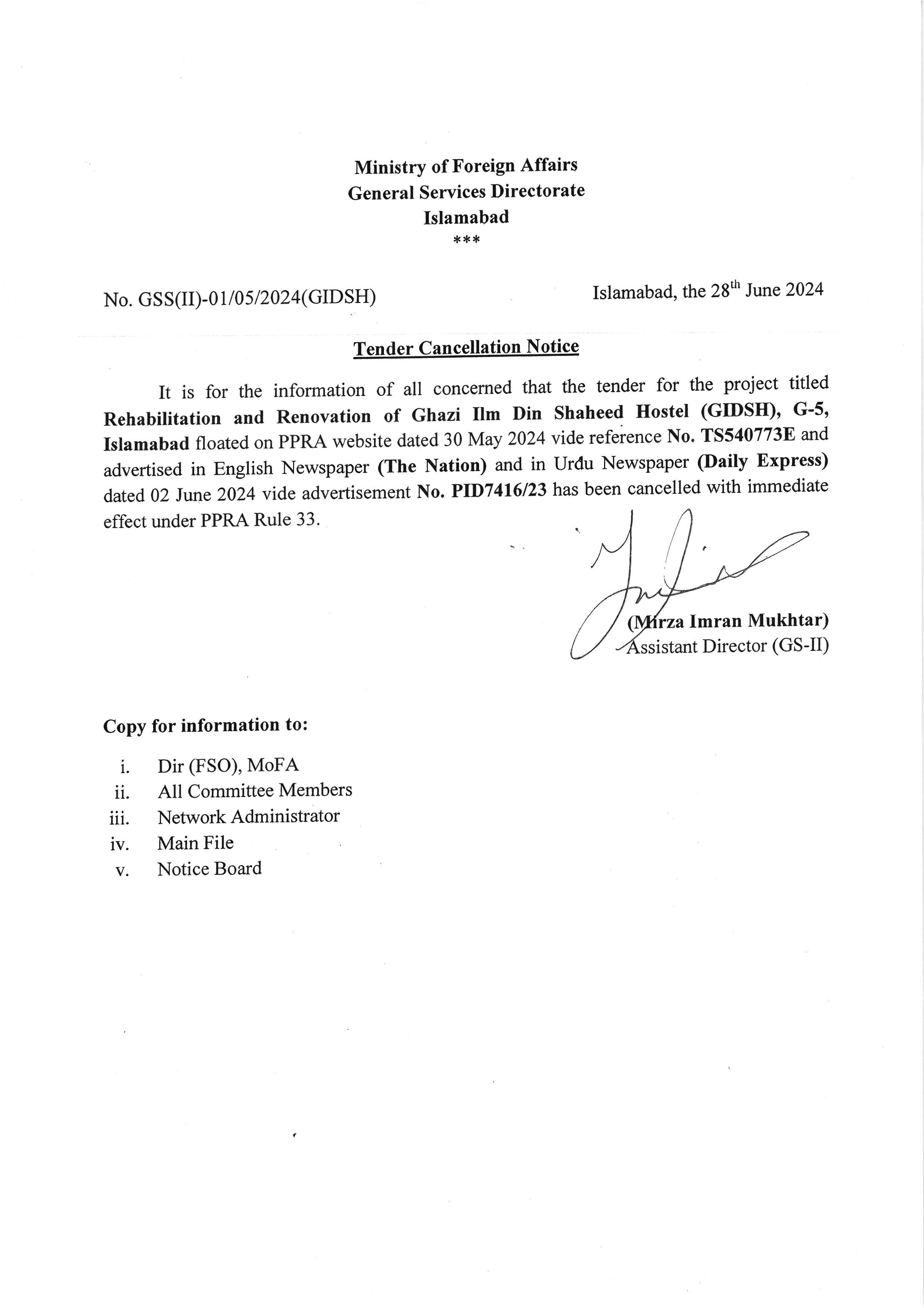 Tender Cancellation Notice